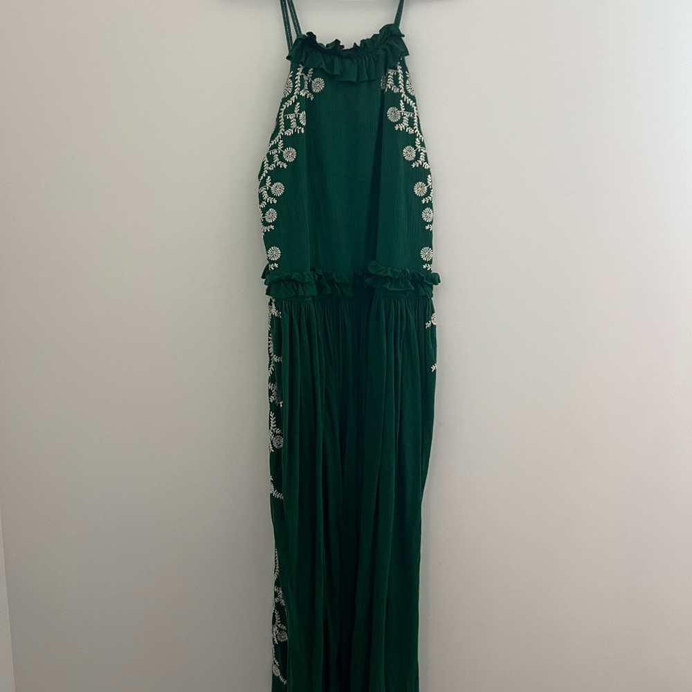 Free People Dark Green Maxi Dress with White Embroidery